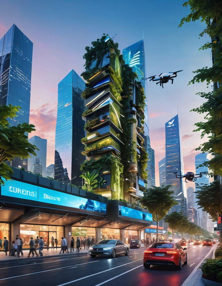 A futuristic cityscape blending advanced technology with e-commerce elements, featuring drone deliveries, digital billboards displaying online shopping, and diverse people using smartphones and tablets. Incorporate lush greenery to symbolize sustainability and growth. Incorporate a sense of movement and dynamism in the scene. vibrant colors. super-realistic.