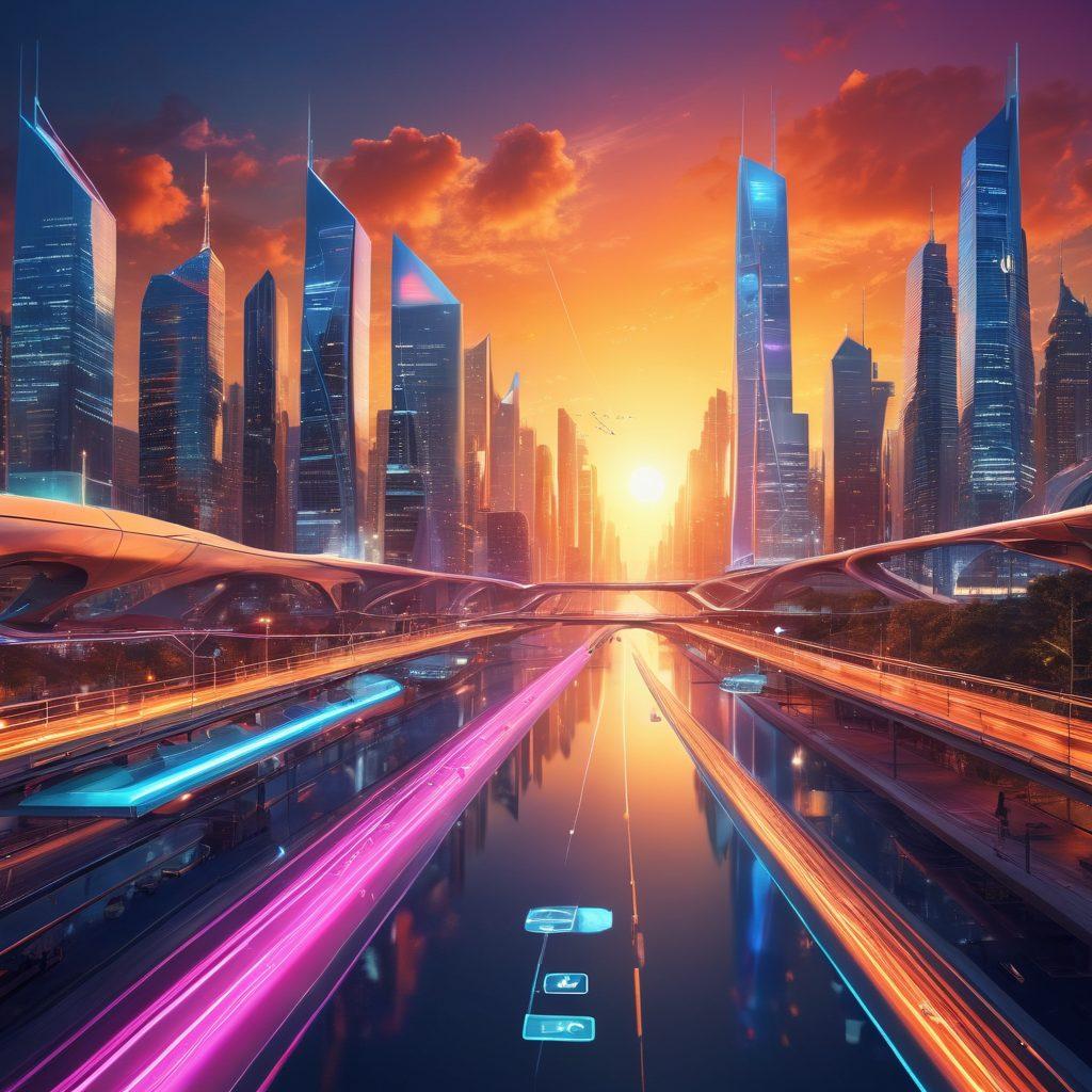 A dynamic digital landscape featuring a futuristic city skyline with interconnected pathways symbolizing online navigation. Incorporate vibrant icons representing various digital tools like social media, analytics, and SEO on the pathways. Add a diverse group of people interacting with digital devices, showcasing collaboration and strategy in a tech-savvy environment. The sky should reflect a sense of optimism with sunrise hues. super-realistic. vibrant colors. 3D.