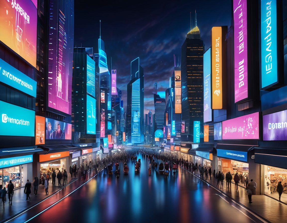 A dynamic cityscape at dusk, showcasing a bustling digital marketplace with illuminated storefronts and diverse shoppers engaging with digital screens. Include elements like e-commerce icons floating in the air and a futuristic skyline, symbolizing growth and innovation. The setting should reflect an energetic atmosphere where technology and commerce merge seamlessly. cyberpunk. vibrant colors. 3D.